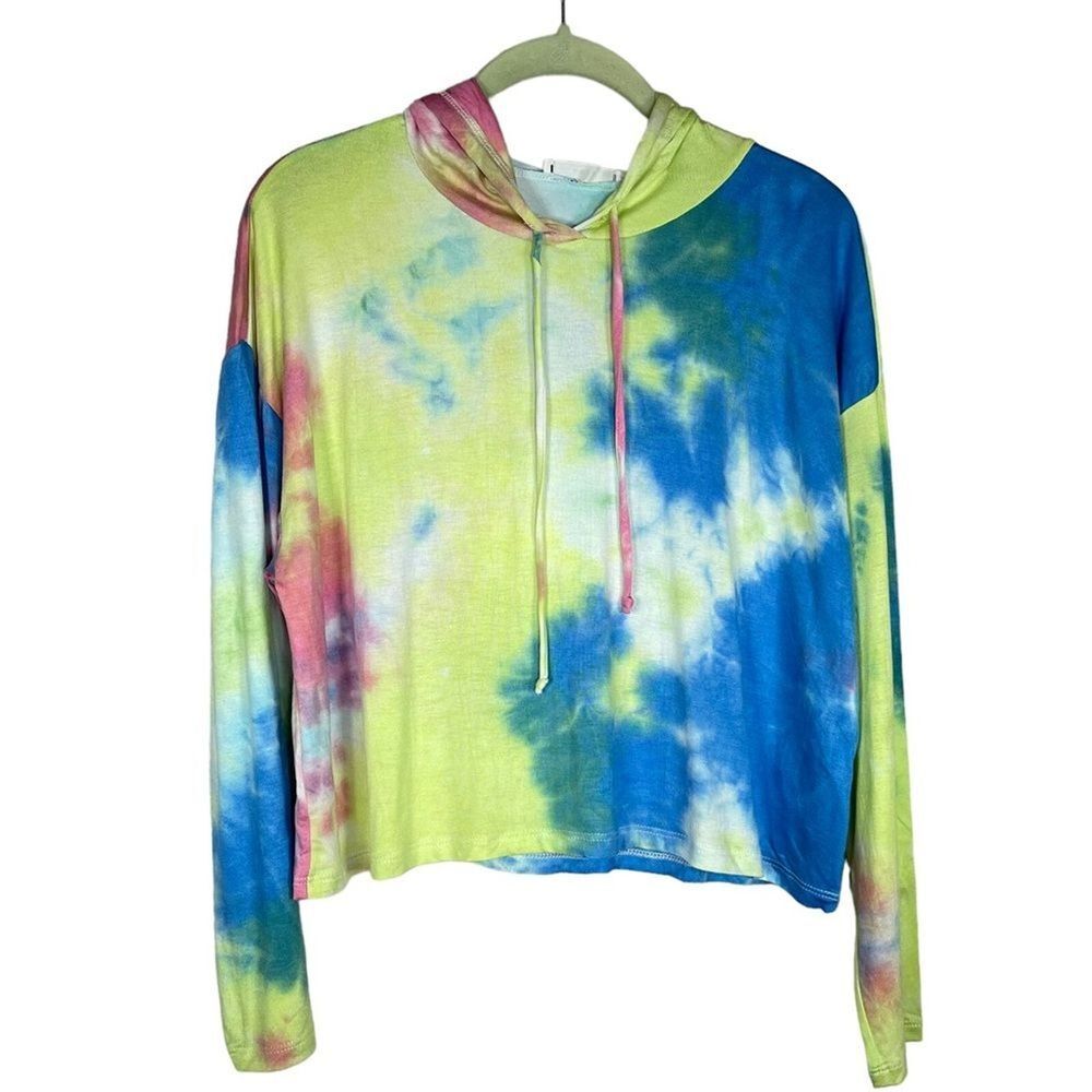 LUSH Nordstrom NWOT Pastel Tie Dye Cropped Knit Hoodie M | Y2K Festival - Picture 2 of 7